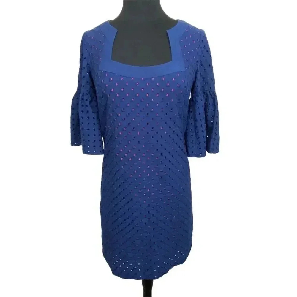 Trina Turk Women's Navy Blue Eyelet Bell Sleeve Shift Dress Size 6 2175